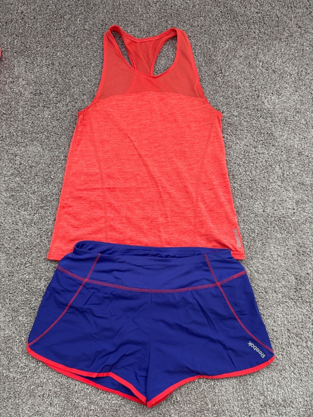 Reebok Speedwick Orange Mesh Racerback Tank with Purple Trim Running Shorts